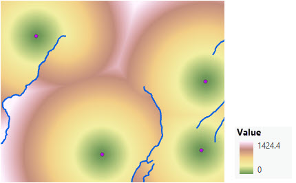 Map of straight-line distance being adjusted to move around streams which are barriers Map of straight-line distance being adjusted to move around streams which are barriers